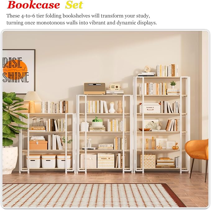 UDD 4 Tier Wide Folding Bookshelf No Tools Assembly, 34.5" H x 30.9" W, Foldable Book Shelf Vintage Collapsible Bookcase, Industrial Storage Shelves for Bedroom Office Living Room, Light Oak White