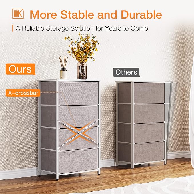 ODK Small Dresser for Bedroom with 4 Storage Drawers, Light Grey | Dresser Chest of Fabric Drawers with Sturdy Steel Frame for Small Space, Wood Top