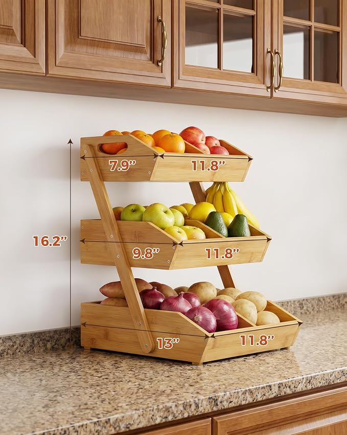 Sevenblue 3-Tier Bamboo Fruit Basket with 2 Banana Holders | Large tiered organizer for bread, snacks, veggies. Sturdy bamboo, includes mats & dividers. Easy to assemble.