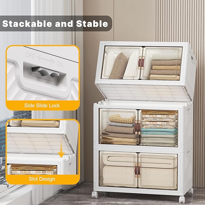 UAMFURI Stackable Storage Bins with Lids, Extra Large Plastic Organizer Cabinet Drawers, 336QT Collapsible Closet Containers with Doors and Wheels,For Bedroom, Kitchen, Office, Garage,(3Pack Cube)