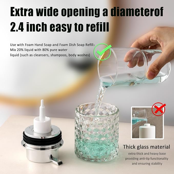 Malachi Foaming Hand Soap Dispenser, Refillable Clear Glass Foam Pump Bottle for Hand Soap, Dish Soap, Body Wash, Shampoo, Facial Cleanser & Baby Wash, Multi‑use for Bathroom, Kitchen & Commercial Use
