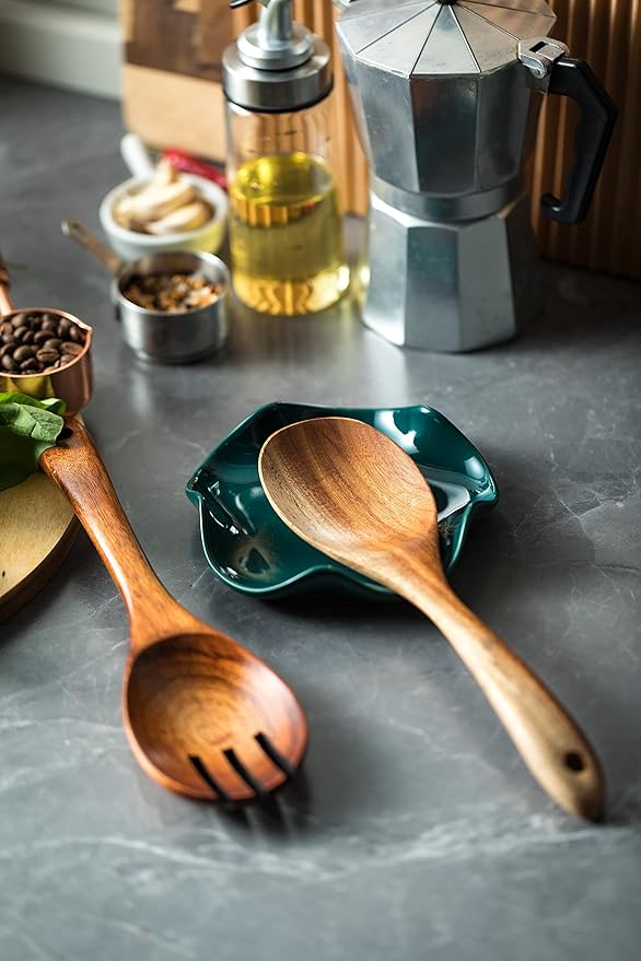 Miamolo Ceramic Spoon Rest for Kitchen Counter, Spoon Holder for Stove Top Coffee Bar, Cooking Utensil Holder, Cute Flatware Rests Heat Resistant & Dishwasher Safe for Housewarming Gifts, Dark Green