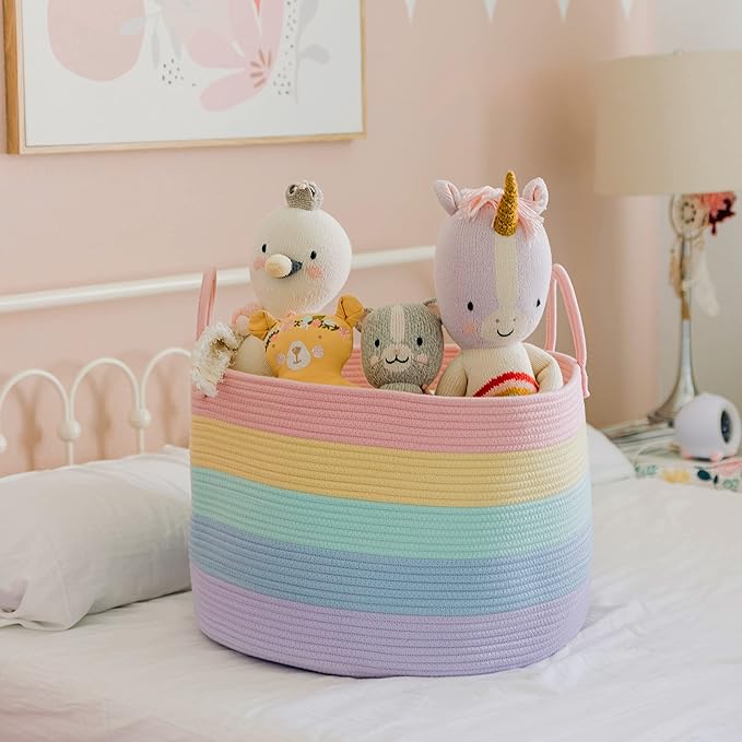 OrganiHaus Rainbow Blanket Basket for Classroom & Nursery, Extra Large Woven Laundry Basket w/Handles, Kids Toy Organizer & Storage, Soft Round Dog Toy Storage Bin, Cute Bin - 20"x13" in