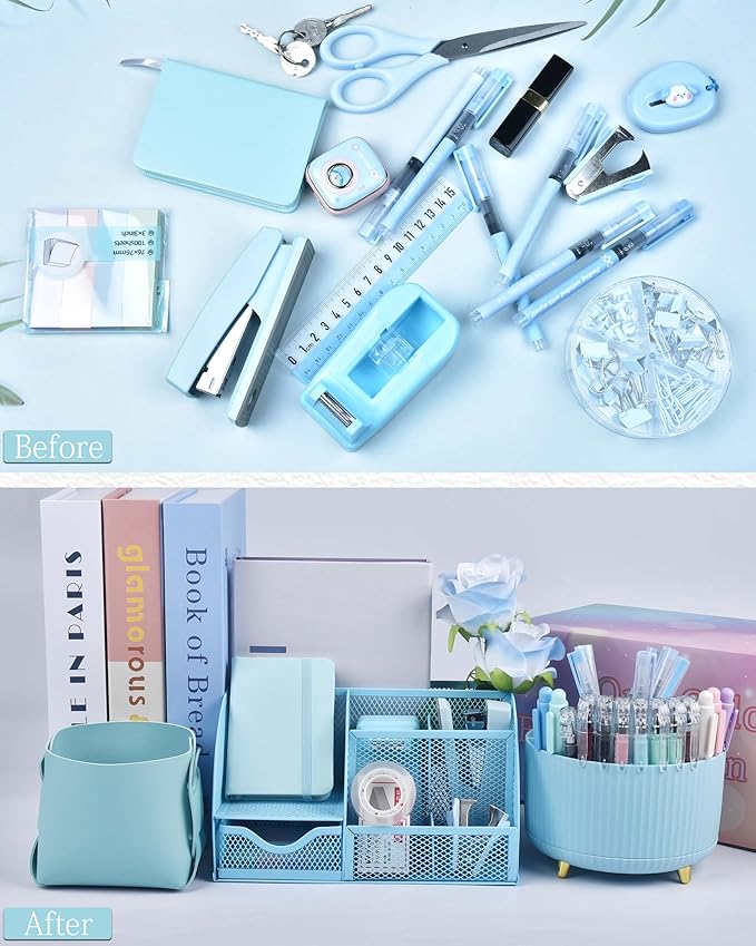 LXEVIHK 20Pcs Blue Desk Organizers and Accessories With Mesh Desk Organizer and 360°Rotating Pen Holder and a Lot of Office Blue Office Supplies Beautifully Presented in a Gift Box