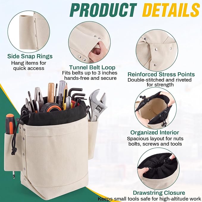 2 Pcs Tool Pouches 5" x 10" x 9", Top Closing Small Tool Bags with Drawstring, Tunnel Connection Double Reinforced Bottom, Belt Strap Connect, Bull Pin Loops for for Nuts Bolts Height Work