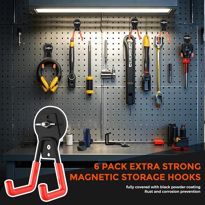 6 Pack Large Strong Magnetic Hooks Heavy Duty Garage Big Magnet Hooks Extra Strength Magnetic Utility Storage Hook Hanger with Anti Slip Coating for Garden Indoor Outdoor Hanging Tools Orange