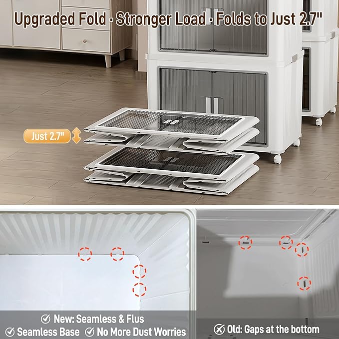 Folding Storage Bins with Lids, 3-Pack Top & Front Opening Stackable Organizer, Total 210qt, for Bedroom Living Room Kitchen Office Bathroom, White, 22"x13.6"x13.8" Each