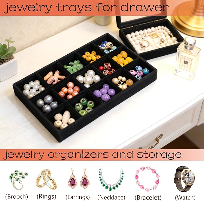 12 Set Jewelry Trays Organizer Stackable Jewelry Display Case Storage Box for Earring Necklace Rings Bracelet Watch, Black