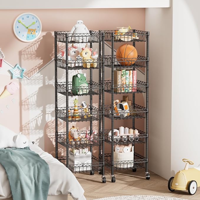 Golpart Basket Shelves Closet Rack with Wheels Metal Pantry Wire Shelf Unit | 6 tier Storage Rolling Shelving Bathroom Organizers Kitchen Garage Laundry Room Organization Home 13.6"Dx13.6"Wx63"H Black
