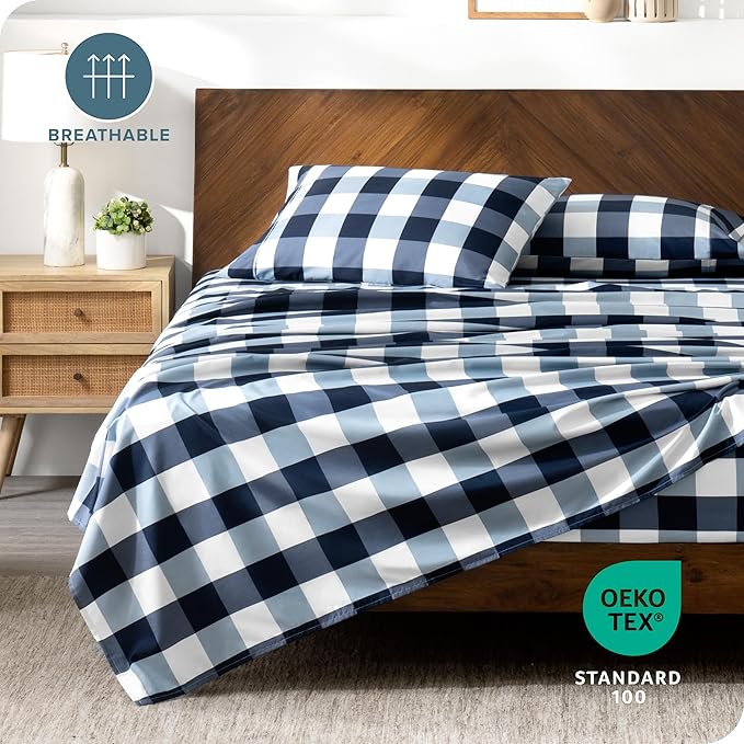 Bare Home King Sheet Set - Luxury 1800 Ultra- Soft Double Brushed Microfiber - Deep Pockets - Easy Fit - 4 Piece Bedding Sheet Set (King, Gingham Blue)
