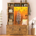 CSZZD Hall Tree with Bench and Shoe Storage, Farmhouse Entryway Bench with Coat Racks and Led Lights, Tall Hall Tree with 7 Coat Hooks, 6 Storage Cubbies, Adjustable Shelf, Rustic