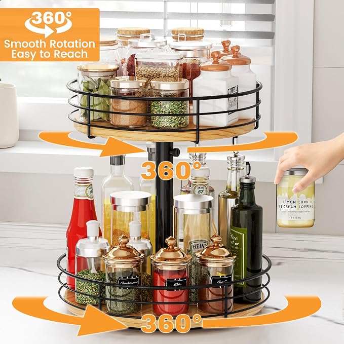 2 Tier Lazy Susan Spice Rack Organizer, Rotating Turntable, Black | Height Adjustable, Wood, 12 Inch, For Cabinet Dining Table Kitchen Bathroom Countertop