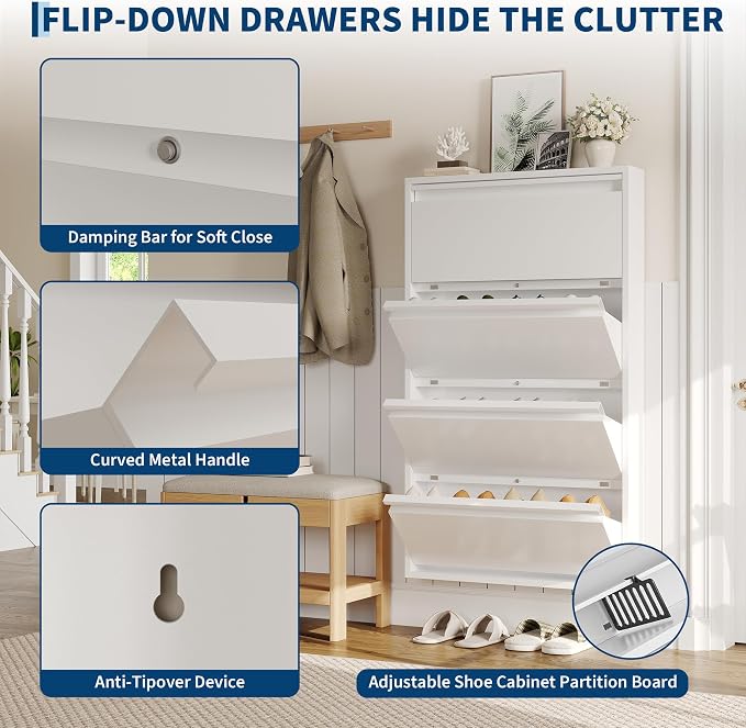 Garvee Slim Metal Shoe Cabinet with 4 Flip Drawers, Narrow Shoe Storage for Entryway, Wall Mounted or Floor Standing, Detachable Bottom Corners for Flexible Placement, Anti-Tip Safety Wall Mount