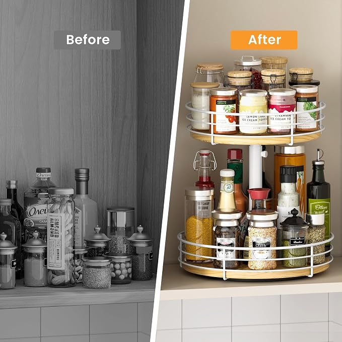 Two Tier Lazy Susan Organizer Turntable, 12 Inch, White | Height Adjustable, Rotating Spice Rack, Wood Construction, For Cabinet Dining Table Kitchen Bathroom Countertop