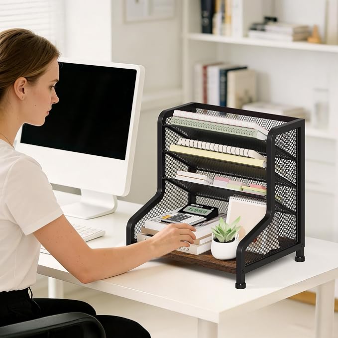 SWTYMIKI Paper Organizer, Mesh and Wood Desk Office Organizer, Office Organization and Binder Storage for Workspace, Home, School, Espresso