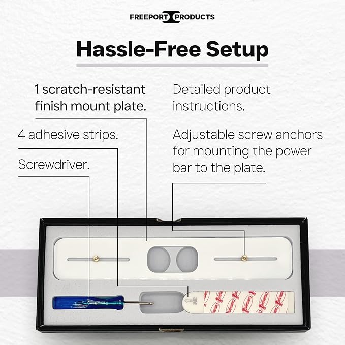 Freeport Power Bar Mount Plate – Self-Adhesive Wall Mount for Power Strips, Perfect for RV, Dorm, Home, and Rentals - White