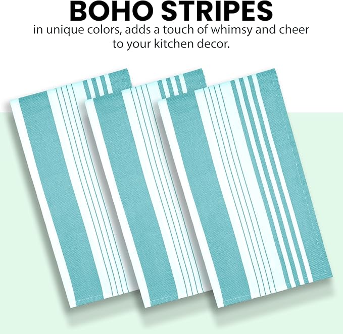 Stripe Kitchen Towels Mordern Design Centreband Dish Towels Boho Stripe Absorbent Festive Gift Set of 3 Pantry Reusable Kitchen Dish Towel|Easter Spring Decor 18x28 Inch Teal Blue