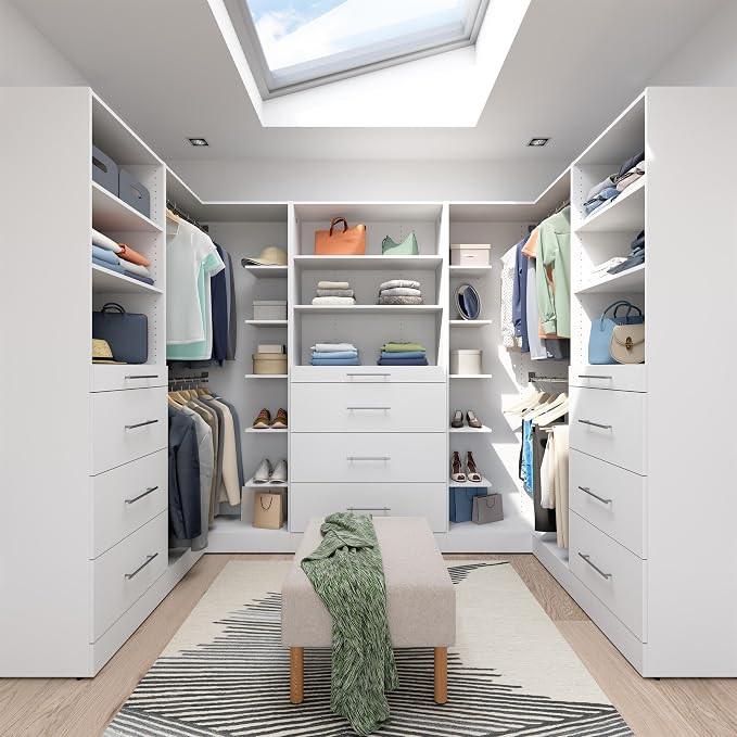 Bestar 105W x 61D Modular U-Shaped Closet Organizer System, Walk-in Closet with Rods, Shelves, and Drawers, Slab Style, Florence Collection, White