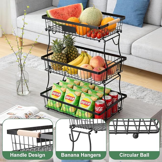 3 Tier Fruit Basket with 2 Banana Hangers, Mesh Basket Fruits Stand Produce Holder Organizer for Onion Potato Bread Snack Veggie Black