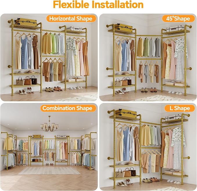 Higeego W3 Wall Mounted Closet System, Expandable Industrial Pipe Clothes Rack Clothing Rack for Hanging Clothes, Heavy Duty Garment Rack Closet Organizers and Storage Reach in Closet, Gold
