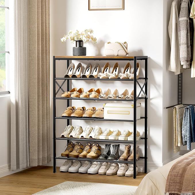 6-Tier Metal Shoe Rack Organizer Shoe Storage for Entryway 18-24 Pairs Narrow Shoe Rack for Closet Heavy-Duty Shoe Rack with Wooden Top Shelf for Garage Rustic Brown