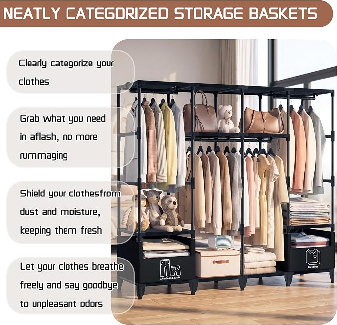 LOKEME Portable Closet,Sturdy Stable Large Capacity Wardrobe Closet,Clothes Rack with Shelves,2 Folding Areas,6 Storage Areas,4 Hanging Areas,Suitable for Bedrooms and Dormitory,66.5in Black