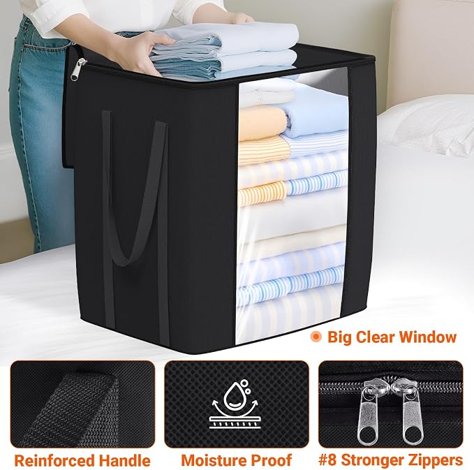 TasticTotes 120L Extra Large Blanket Clothes Storage Bags, Gray, 6 Pack | Foldable Blanket Storage and Organization, Thick Fabric Containers with Reinforced Handles & Zippers for Comforters, Bedding