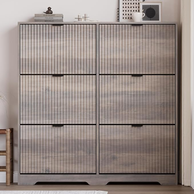 BORNOON Large Shoe Cabinet for Entryway, Tall Narrow Shoe Storage Cabinet with 6 Flip Drawers and Adjustable Shelves, Shoe Rack Cabinet Organizer for Hallway, Foyer, Small Apartment
