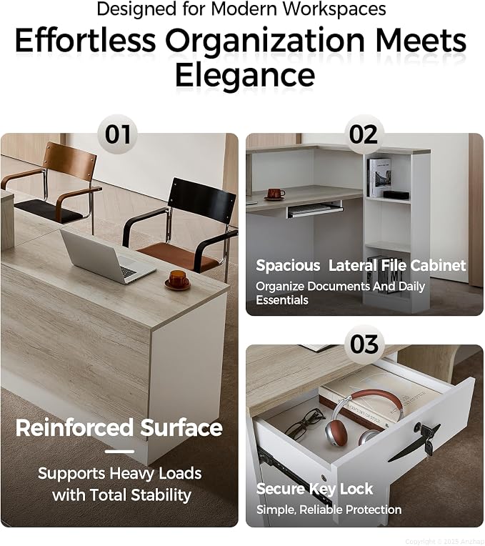 Modern L-Shaped Reception Desk with Counter - 110 Inches Front Desk with Storage Cabinet, Open Shelves, Lockable Drawer & Keyboard Tray for Office, Lobby, Checkout (Oak & Warm White - Right)