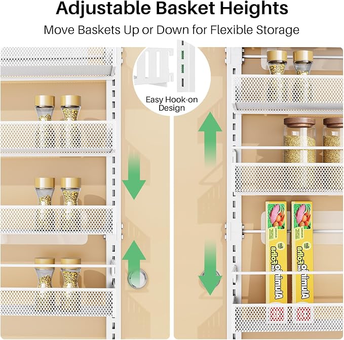 Over the Door Pantry Organizer - 8 Tiers Height Adjustable Pantry Organizers and Storage with Dense Mesh Baskets, Metal Door Hanging Spice Rack for Kitchen Bathroom (White, 17.2" W x 6.2" D x 69.2" H)