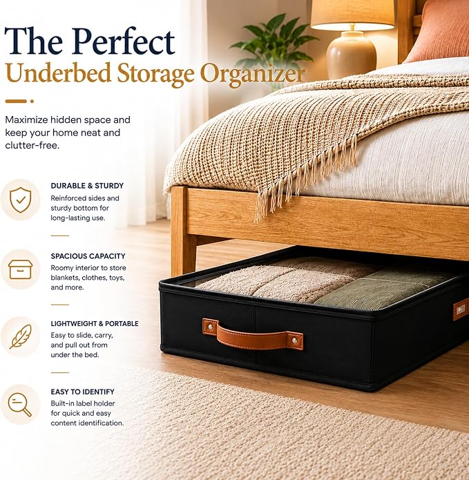 HOMELUX THEORY 2pc Under Bed Storage Containers, Bedroom Under the Bed Drawer Storage Organizer with Bins and Lids, Medium Underbed Clothes Storage Box Ideal for Blanket, Fabric, & Shoes (Black)
