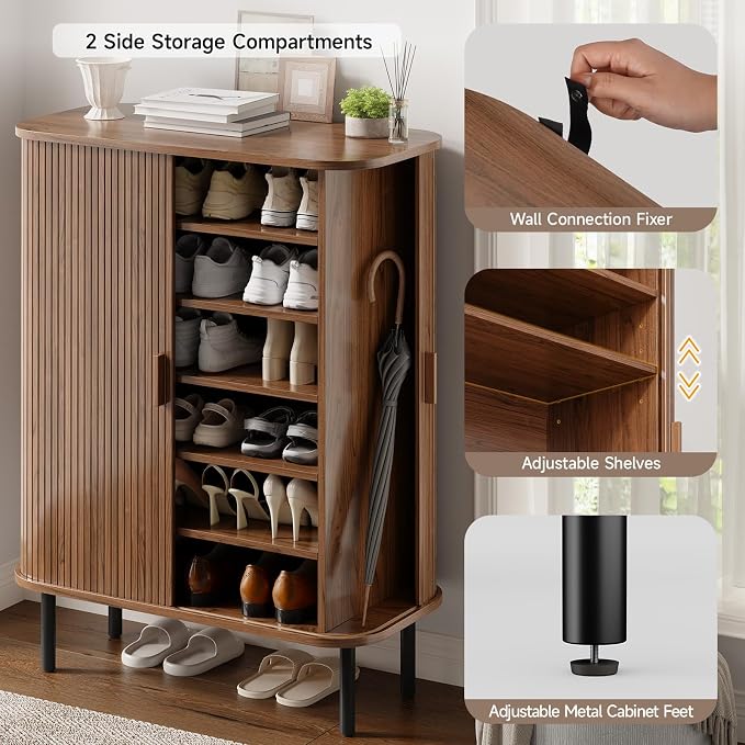 ONBRILL 6-Tier Shoe Cabinet with Sliding Door, Wooden Shoe Storage Cabinet with Adjustable Shelves, Mid-Century Modern Freestanding Shoe Storage Organizer for Entryway, Hallway, Living Room, Walnut