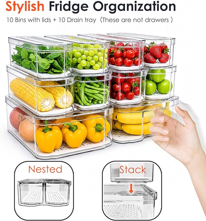 SMRCAD 10 Pack Clear Fridge Organizer Bins with Drain Trays - Stackable | BPA-Free PET, 10 Pack: 10 lidded Bins (Not drawer), Helps Keep Produce Fresh, 17.4L Capacity, Hand Wash Only