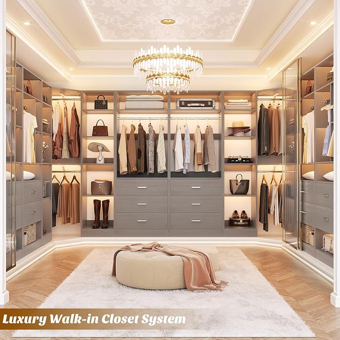 Besiost Corner Closet System with 3 Drawers, Corner Closet Organizer System with 13 Shelves & 3 Hanging Rods, 63.2"L * 39.2"W Reversible L Shaped Walk-in Closets, Load 2000+LBS, Grey