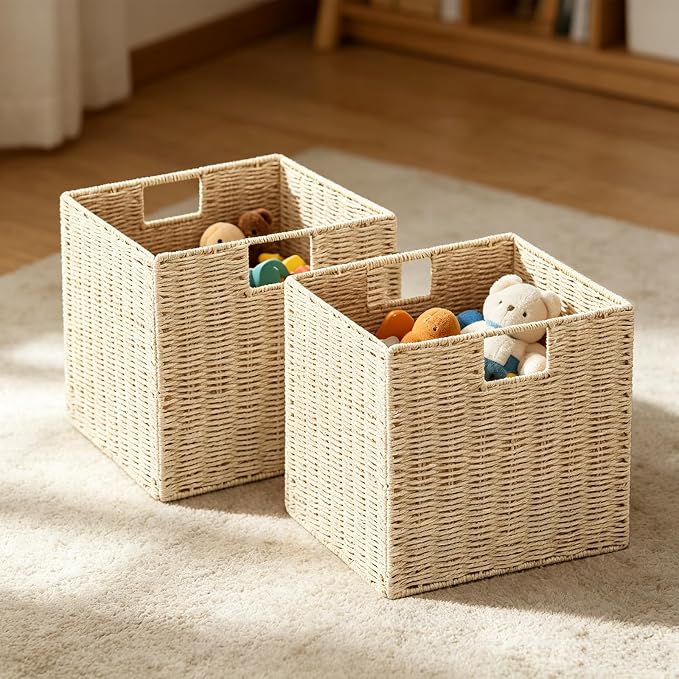 Vagusicc Wicker Storage Basket, Set of 2 Hand-Woven Paper Rope Wicker Baskets, Foldable Cube Storage Bins, Beige Storage Basket, Square Baskets for Organizing Shelves & Decor, Beige(13″×13″×13″)