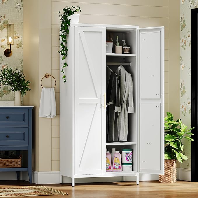 METAN Metal Wardrobe Closet with Doors, Farmhouse Armoire Wardrobe Closet for Bedroom,Assembly Required,White