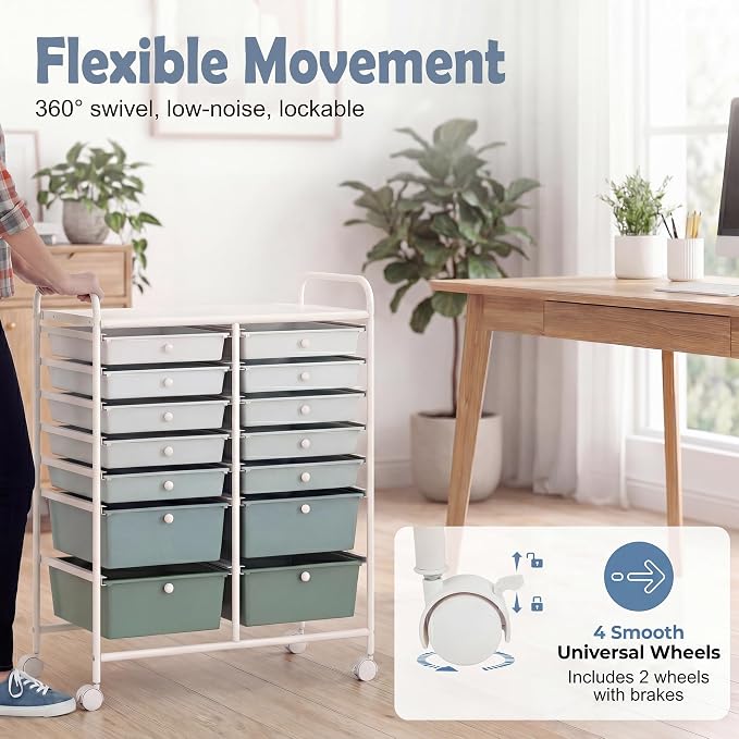 GOFLAME 12-Drawer Rolling Storage Cart, Multipurpose Organizer with 2 Sizes Plastic Drawers, Mobile Utility Cart with Lockable Casters for Home, Office, Beauty Salon, School, Green Gradient