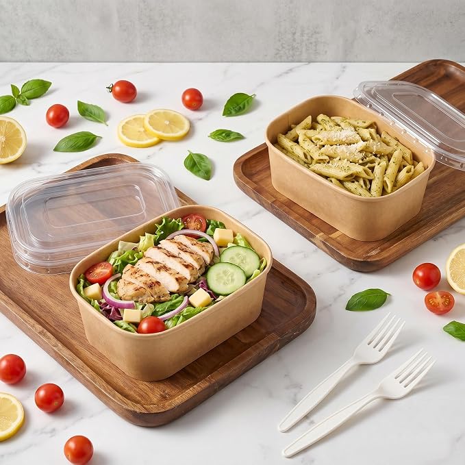 50 Pack 29Oz Disposable Meal Prep Containers With Lids and Forks-Disposable Kraft Paper Bowls-to go food containers-Microwavable and Freezer Safe Take Out Containers