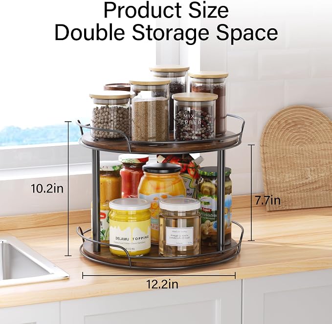 12'' Rotating Spice Rack, 2-Tier Lazy Susan Turntable Organizer | Wooden, for Cabinet, Table Top, Kitchen Countertop, Pantry, Bathroom, Vanity, Home Decor