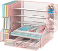 SUPEASY Desk Organizer with File Holder, 5-Tier Mesh Paper Organizer Letter Tray with Pen Holder and Drawer, Desk Organizers and Accessories with 3 Tilted File Sorter for Office Supplies, Pink