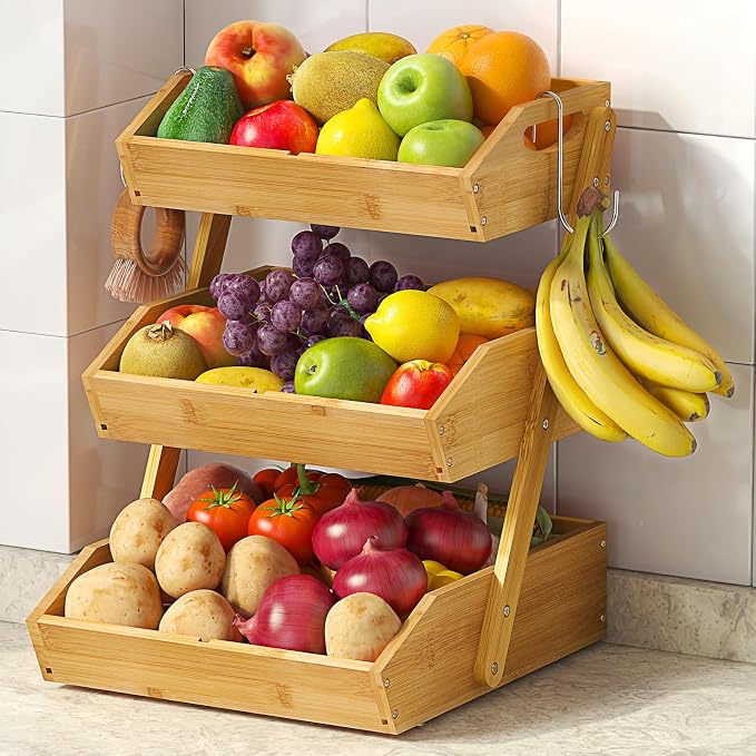 Sevenblue 3-Tier Bamboo Fruit Basket with 2 Banana Holders | Large tiered organizer for bread, snacks, veggies. Sturdy bamboo, includes mats & dividers. Easy to assemble.