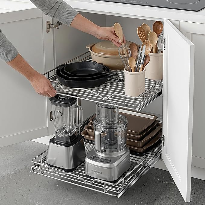2-Tier Pull-Out Cabinet Organizer with Heavy-Duty Steel Frame, Full-Extension Sliding Shelves, Holds 100 lbs, Easy Install for Kitchen, Pantry & Under Sink Cabinets, 8" W x 21”D x 16.5" H