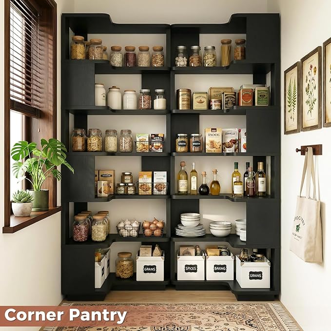 Besiost Corner Book Shelf, 7-Shelf Corner Bookshelf for Small Corner Spaces, L-Shape Bookcase Corner Display Shelf for Home Office, Living Room, Bedroom, Kitchen Pantry, Black
