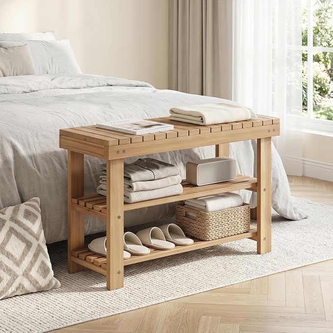 GOFLAME Wooden Shoe Rack Bench, 3-Tier Free Standing Entryway Bench Seat with Slatted Shelves, Shoe Storage Organizer for Entryway, Hallway, Bedroom, Living Room, Small Space, 28"x11"x18"