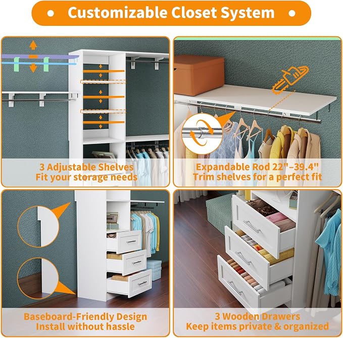 Closet System with 3 Drawers, 5FT-8FT Closet Organizer System Walk in Wooden Closet Storage System with Shelves Expandable Hanging Rods Built-in Closet Corner Wall Mount, White