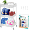 ZOES HOMEWARE 3 Tier Rolling Cart, Metal Utility Cart with 4 Hooks, Rolling Storage Cart on Wheels, Small Organizer Cart for Nursery, Kitchen, Living Room, Bathroom, White