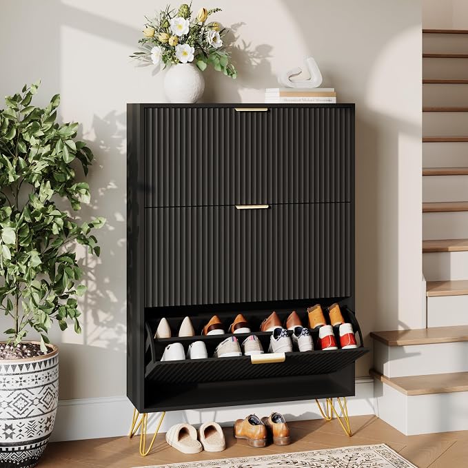 Shoe Storage Cabinet with 3 Flip Drawers, 31.5" W Fluted Shoe Cabinet for Entryway, Hidden Shoe Cabinet Storage, Narrow Free Standing Shoe Orgnaizer Rack Cabinet for Foyer Hallway, Black