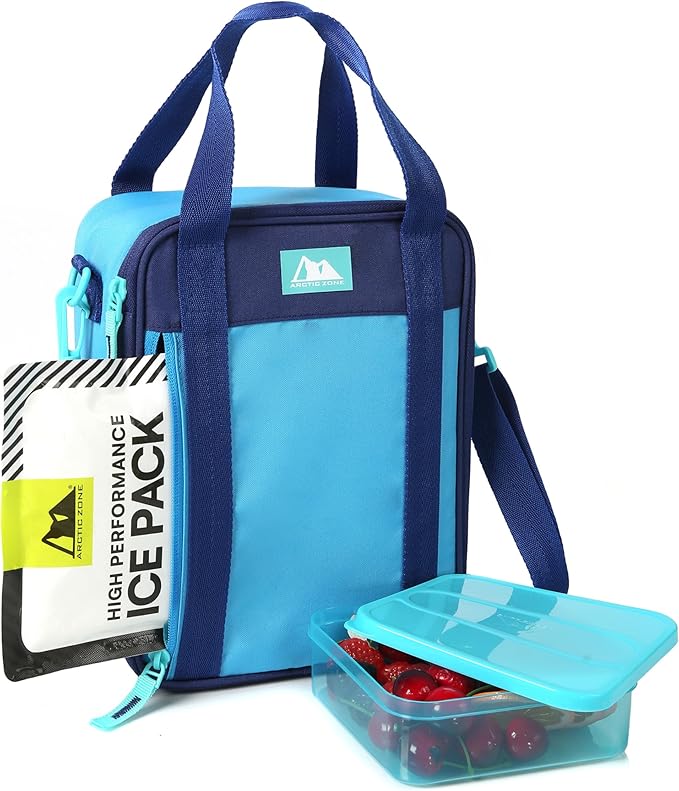 Arctic Zone Urban Lunch Box Combo for Kids with Gel Ice Pack and Sandwich Container, Insulated Bag for Travel Lunch with Adjustable Strap, True Blue