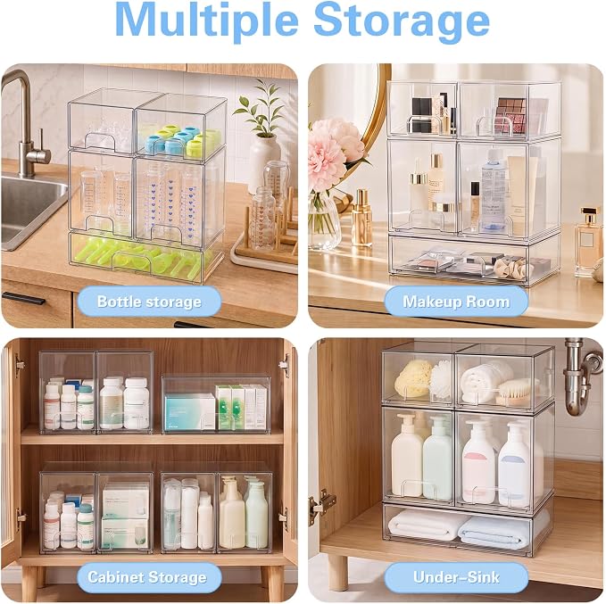 Baby Bottle Organizer, 5 Pack Clear Acrylic Stackable Storage Drawers, Baby Bottle Storage Organizer for Countertop, Nursery, Vanity & Cabinet