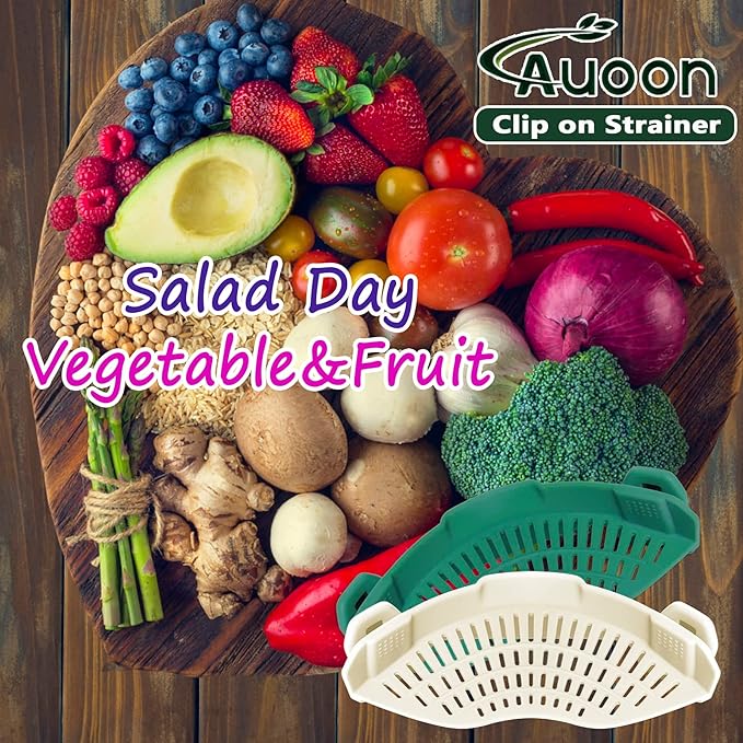 AUOON Clip On Strainer Silicone for All Pots and Pans, Pasta Strainer Clip on Food Strainer for Meat Vegetables Fruit Silicone Kitchen Colander (White)